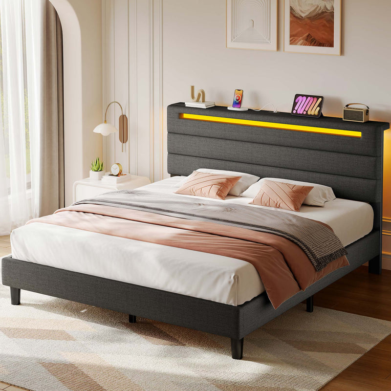 Greenstell Bed Frame with Upholstered Storage Headboard and LED Light, Bed Platform with Charging Station, USB Ports, Under-bed Storage