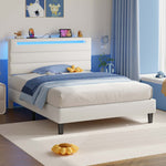 Greenstell Bed Frame with Upholstered Storage Headboard and LED Light, Bed Platform with Charging Station, USB Ports, Under-bed Storage