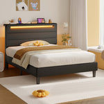 Greenstell Bed Frame with Upholstered Storage Headboard and LED Light, Bed Platform with Charging Station, USB Ports, Under-bed Storage