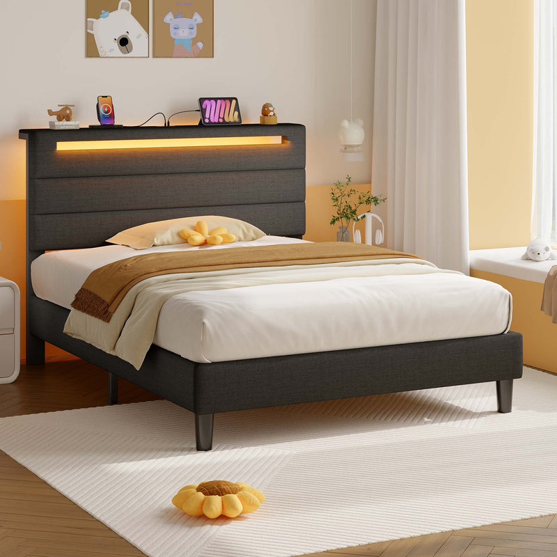 Greenstell Bed Frame with Upholstered Storage Headboard and LED Light, Bed Platform with Charging Station, USB Ports, Under-bed Storage