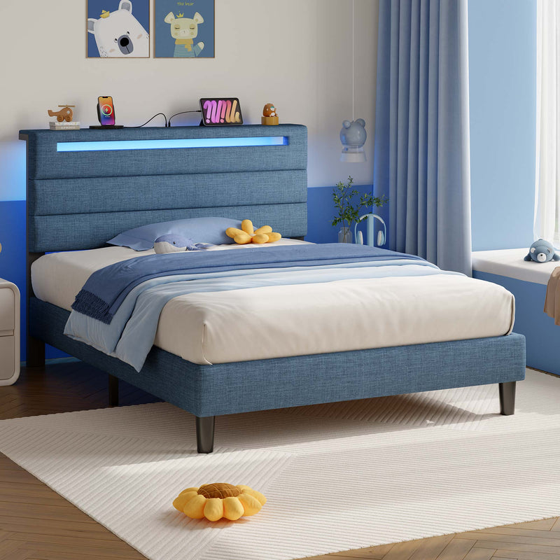Greenstell Bed Frame with Upholstered Storage Headboard and LED Light, Bed Platform with Charging Station, USB Ports, Under-bed Storage