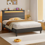 Greenstell Bed Frame with Upholstered Storage Headboard and LED Light, Bed Platform with Charging Station, USB Ports, Under-bed Storage