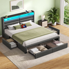 Greenstell Upholstered Full Size Bed Frame with Headboard and Storage, LED Full Bed Frame with 4 Drawers, Charging Station, Dark