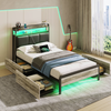 Greenstell Twin Bed with Headboard and Charging Station, Upholstered bed with 4 Drawers and RGB LED Lights,Black