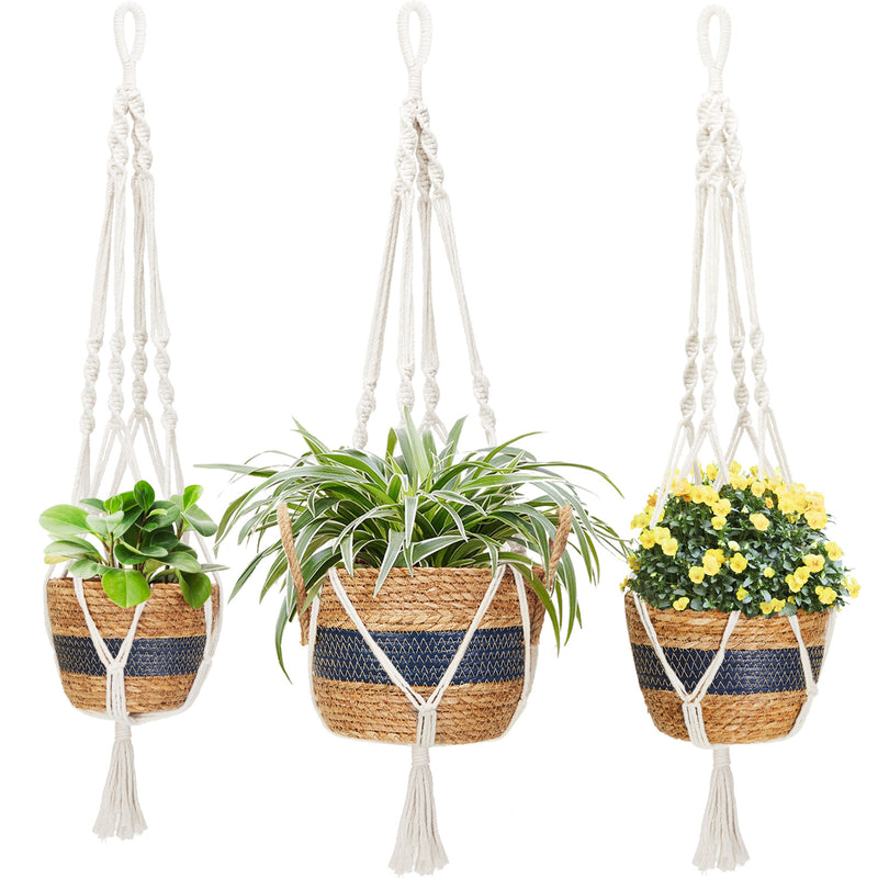 Greenstell 3 Pcs Macrame Plant Hangers and Hand-woven Seagrass Hanging Planter White