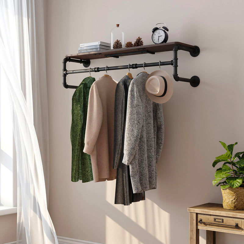 Greenstell Industrial Pipe Wall Mounted with Wood Board Clothes Rack