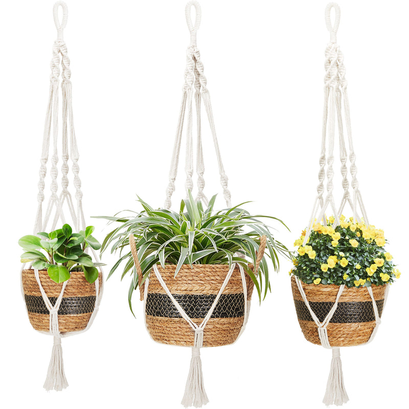 weave hanging plant holder Greenstell 3 Pcs Hand-woven Seagrass Hanging Planter & Macrame Ropes