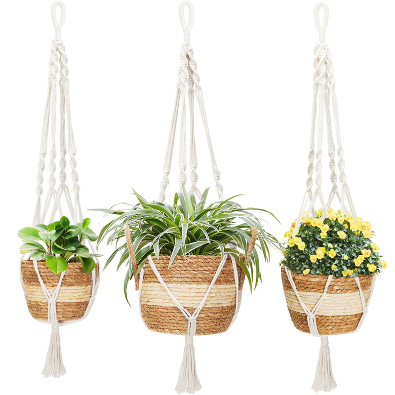 woven hanging plant pot Greenstell 3 Pcs Hand-woven Seagrass Hanging Planter & Macrame Ropes