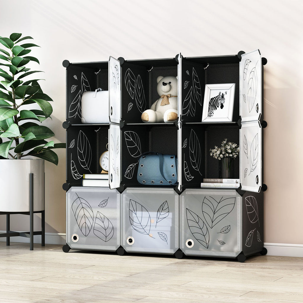 Greenstell Plastic Stackable Portable Cube Storage 9 Closet Cubes Black With Doors