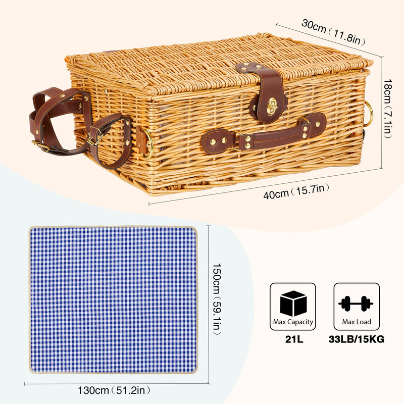 Picnic Basket Set of 2 Pieces, with Insulated Cold Storage Bag and Tableware Service Set, Wooden Lid and Handle, Wicker Picnic Basket, with Lining Aug