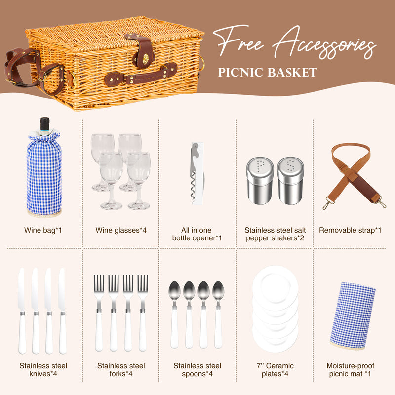 Greenstell Wicker Picnic Basket Sets with High Sealing Insulation Layer, Waterproof Picnic Mat, Removable Strap and Wine Bag