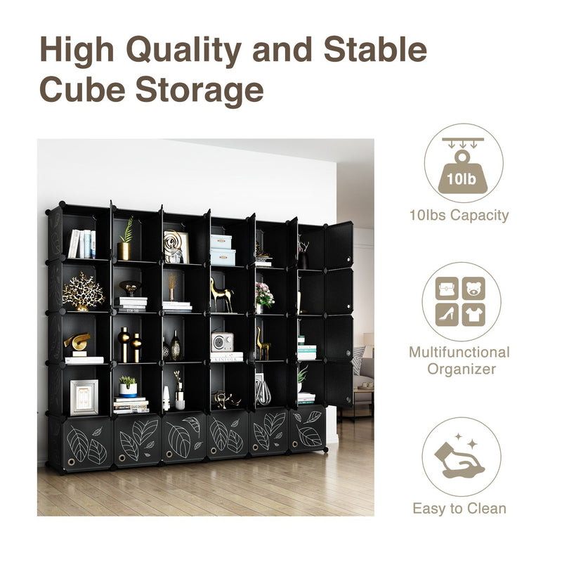 Greenstell Portable Cube Storage Organizer, Plastic & Stackable Closet Organizer Dark Black Panels with Doors