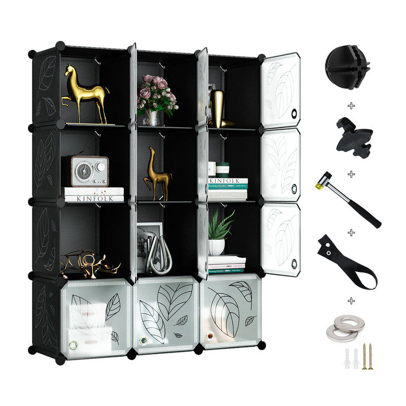 Greenstell Portable Cube Storage Organizer, Plastic & Stackable Closet Organizer Dark Black Panels with Doors