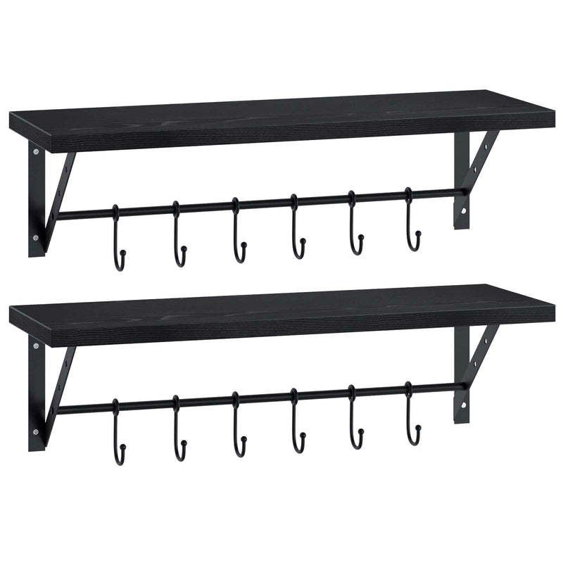 Greenstell Wall Mounted Floating Shelves 12 Hooks & Adjustable Crossbar Set of 2 60cm