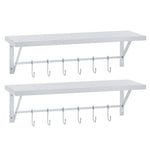 Greenstell Wall Mounted Floating Shelves 12 Hooks & Adjustable Crossbar Set of 2 60cm