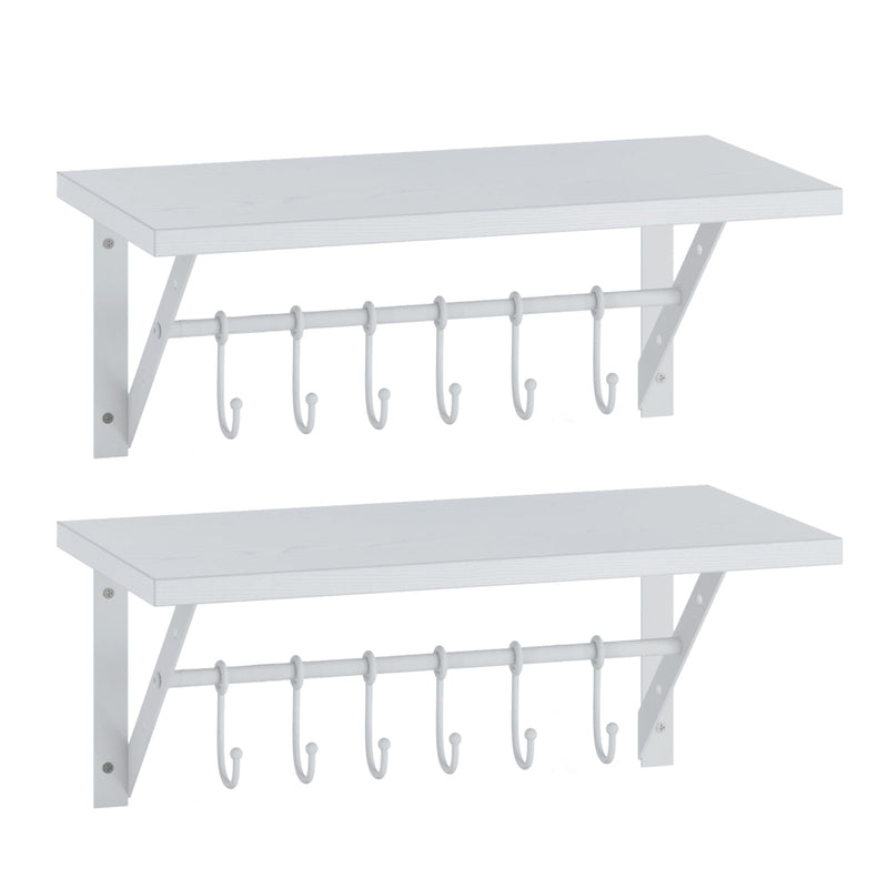 Greenstell Wall Mounted Floating Shelves 12 Hooks & Adjustable Crossbar Set of 2 40cm