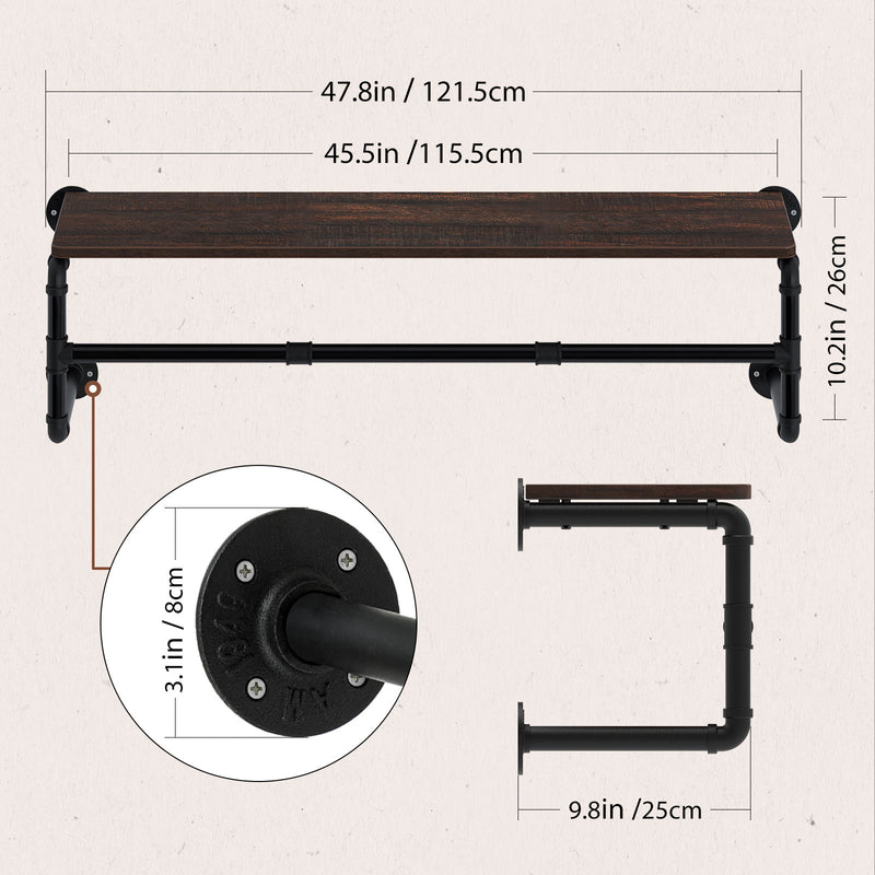 Greenstell Industrial Pipe Wall Mounted with Wood Board Clothes Rack