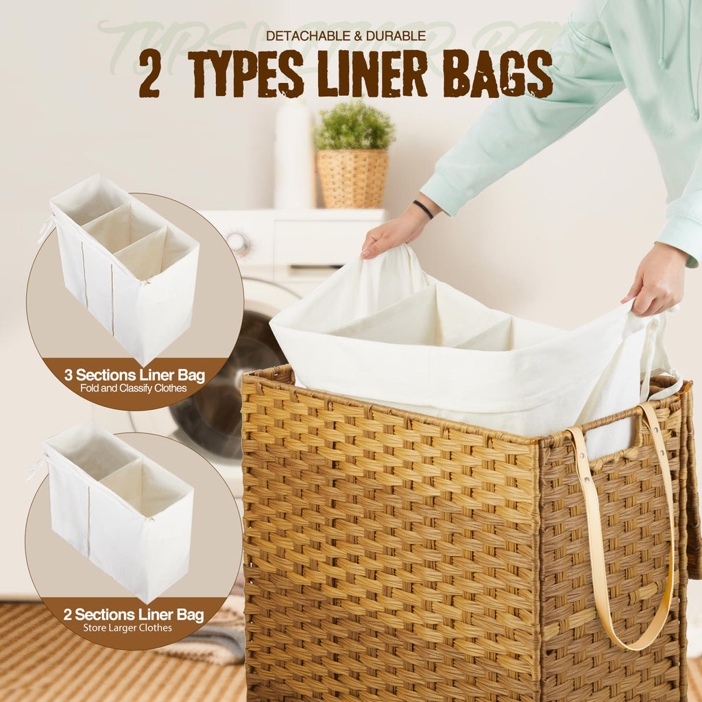 Greenstell Laundry Hamper with Wheels&Lid, 140L Large 3 Sections Clothes Hamper with 2 Types Removable Liner Bags, 5 Mesh Laundry Bags, Handwoven Divided Laundry Basket for Clothes