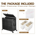 Greenstell Laundry Hamper with Wheels&Lid, 140L Large 3 Sections Clothes Hamper with 2 Types Removable Liner Bags, 5 Mesh Laundry Bags, Handwoven Divided Laundry Basket for Clothes
