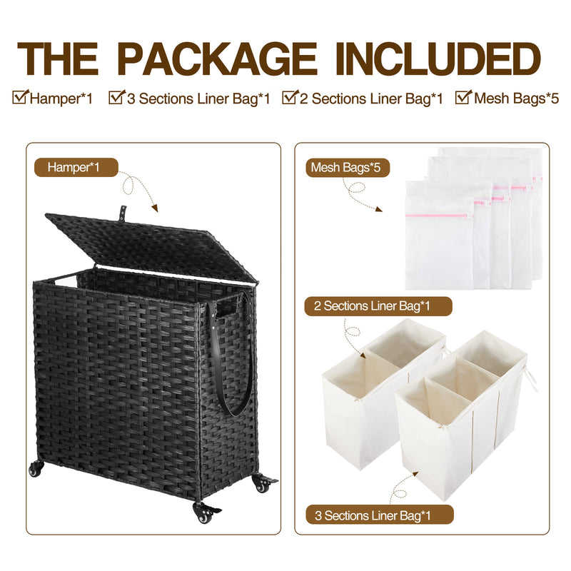 Greenstell Laundry Hamper with Wheels&Lid, 140L Large 3 Sections Clothes Hamper with 2 Types Removable Liner Bags, 5 Mesh Laundry Bags, Handwoven Divided Laundry Basket for Clothes