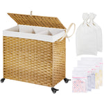 Greenstell Laundry Hamper with Wheels&Lid, 140L Large 3 Sections Clothes Hamper with 2 Types Removable Liner Bags, 5 Mesh Laundry Bags, Handwoven Divided Laundry Basket for Clothes