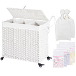 Greenstell Laundry Hamper with Wheels&Lid, 140L Large 3 Sections Clothes Hamper with 2 Types Removable Liner Bags, 5 Mesh Laundry Bags, Handwoven Divided Laundry Basket for Clothes