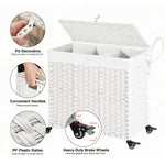 Greenstell Laundry Hamper with Wheels&Lid, 140L Large 3 Sections Clothes Hamper with 2 Types Removable Liner Bags, 5 Mesh Laundry Bags, Handwoven Divided Laundry Basket for Clothes