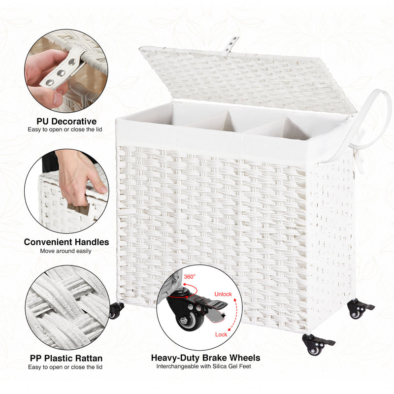 Greenstell Laundry Hamper with Wheels&Lid, 140L Large 3 Sections Clothes Hamper with 2 Types Removable Liner Bags, 5 Mesh Laundry Bags, Handwoven Divided Laundry Basket for Clothes