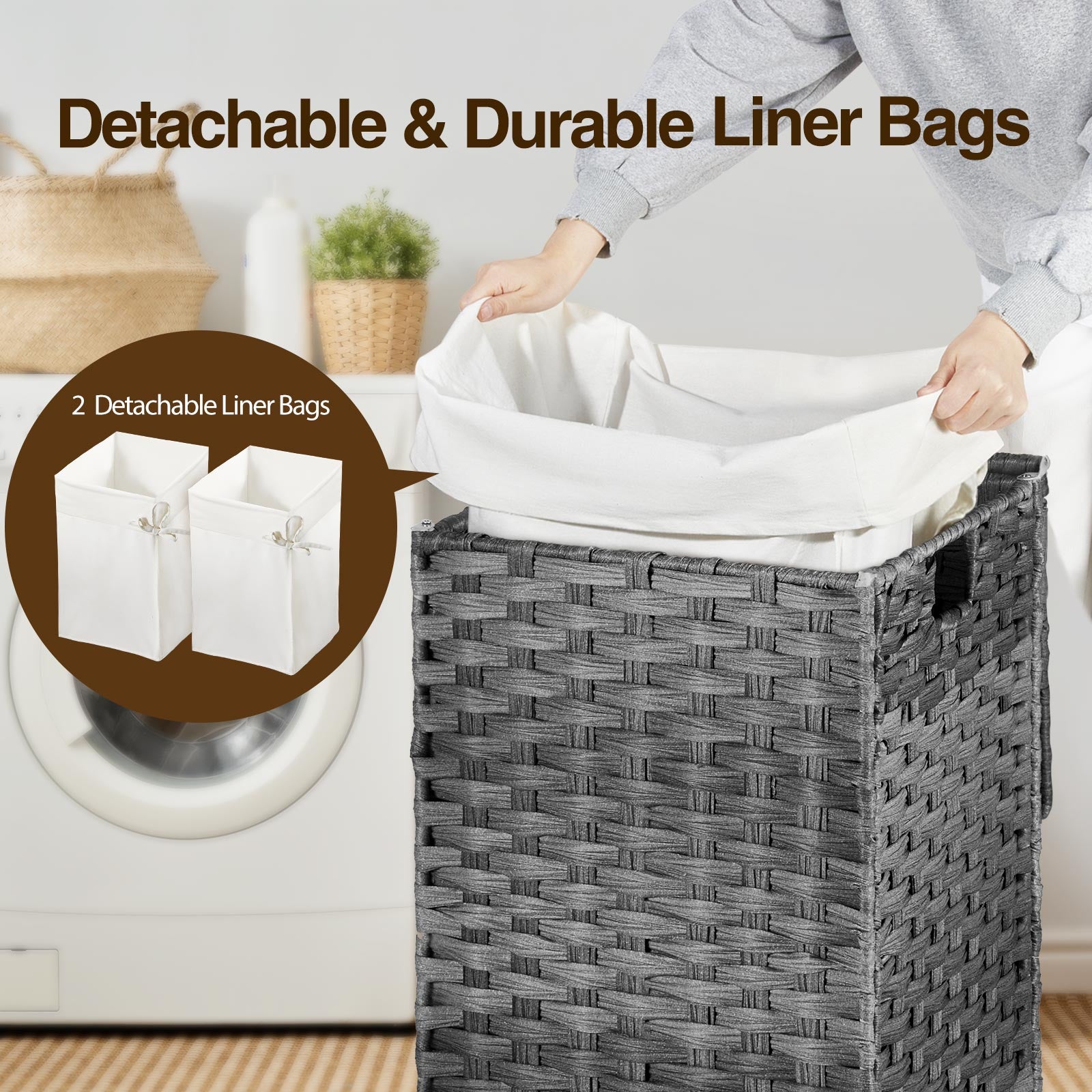 Grey Laundry Basket Washable Paper Bag Collapsible Hamper 