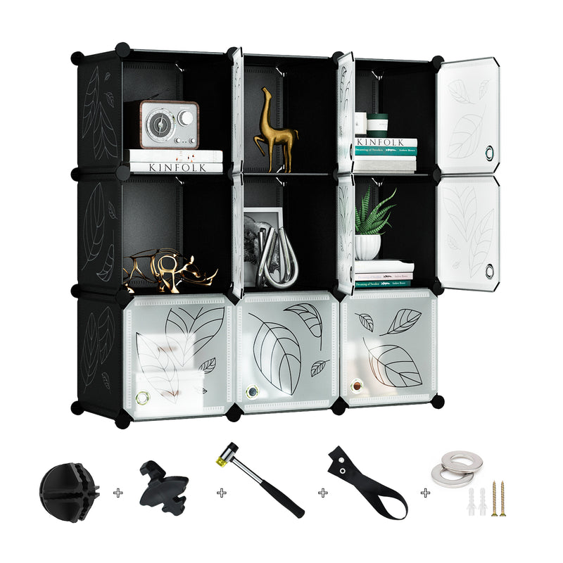 Greenstell Portable Cube Storage Organizer, Plastic & Stackable Closet Organizer Dark Black Panels with Doors