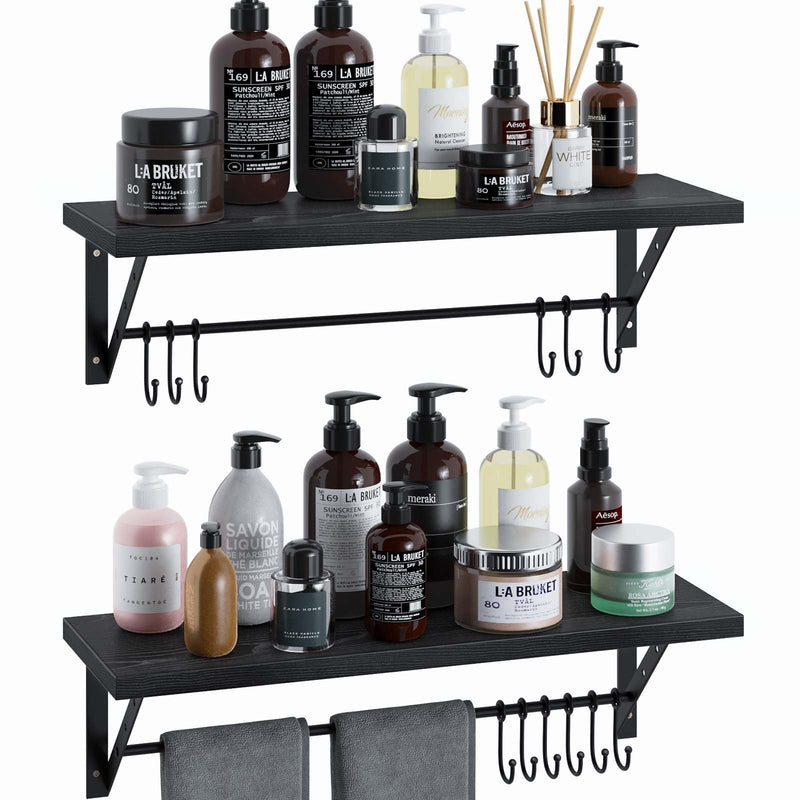 Greenstell Wall Mounted Floating Shelves 12 Hooks & Adjustable Crossbar Set of 2 60cm