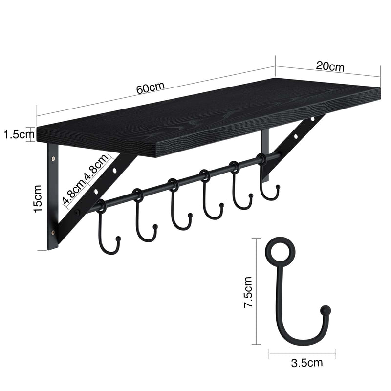 Greenstell Wall Mounted Floating Shelves 12 Hooks & Adjustable Crossbar Set of 2 60cm
