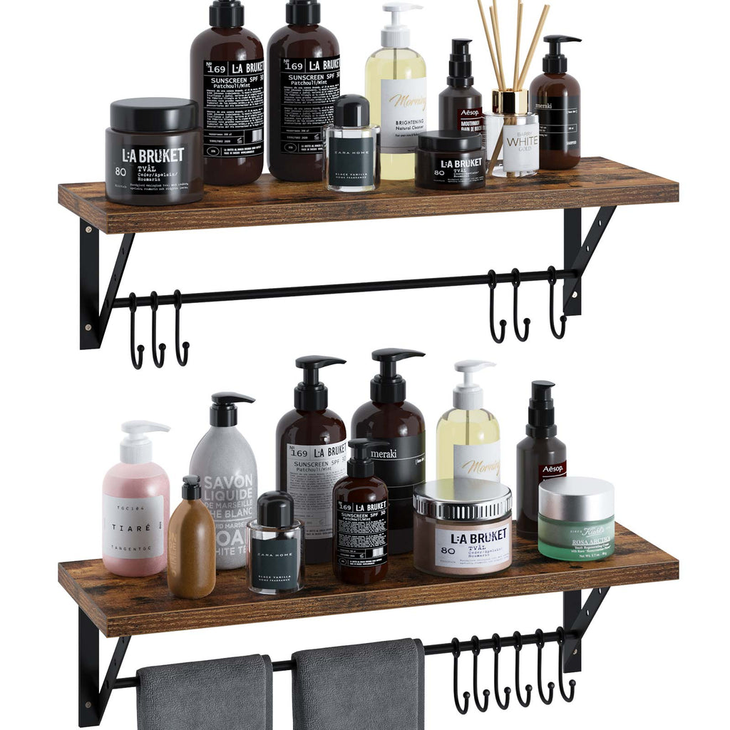 Greenstell Wall Mounted Floating Shelves 12 Hooks & Adjustable Crossbar Set of 2 60cm