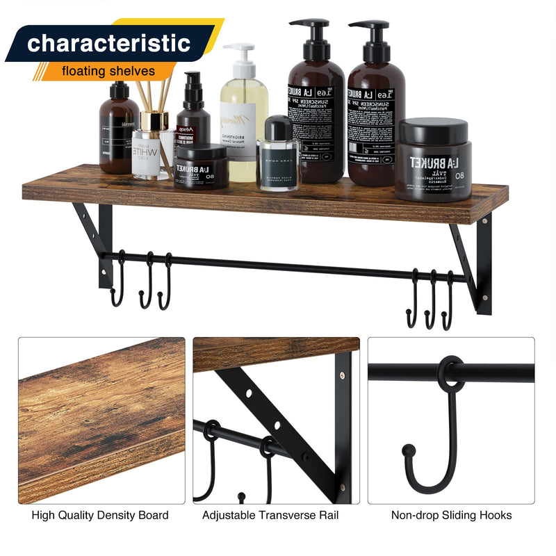 Greenstell Wall Mounted Floating Shelves 12 Hooks & Adjustable Crossbar Set of 2 60cm