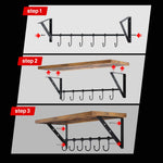 Greenstell Wall Mounted Floating Shelves 12 Hooks & Adjustable Crossbar Set of 2 40cm