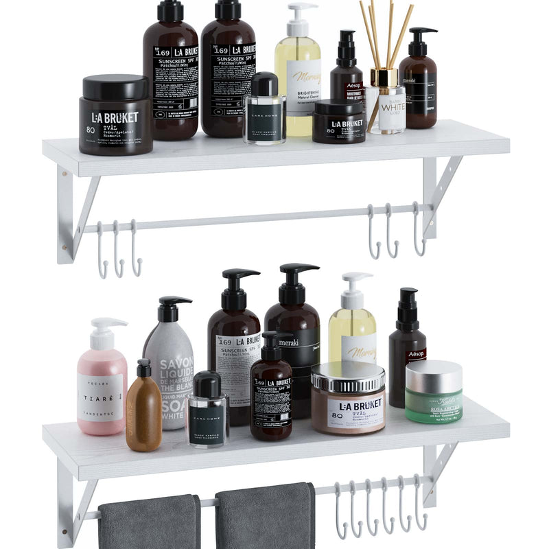 Greenstell Wall Mounted Floating Shelves 12 Hooks & Adjustable Crossbar Set of 2 60cm