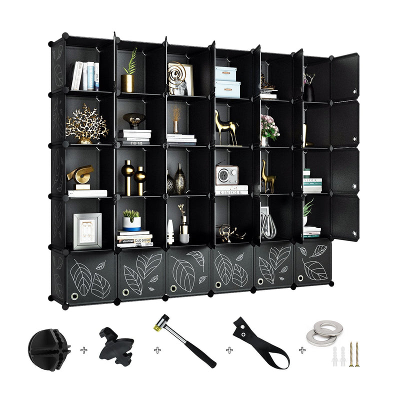 Greenstell Portable Cube Storage Organizer, Plastic & Stackable Closet Organizer Dark Black Panels with Doors