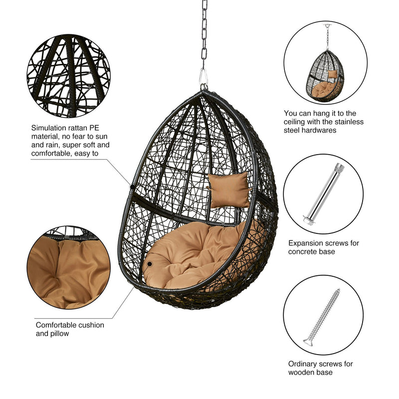 Greenstell Handmade Rattan Wicker Hanging Egg Hammock Chairs Cafe Cushion