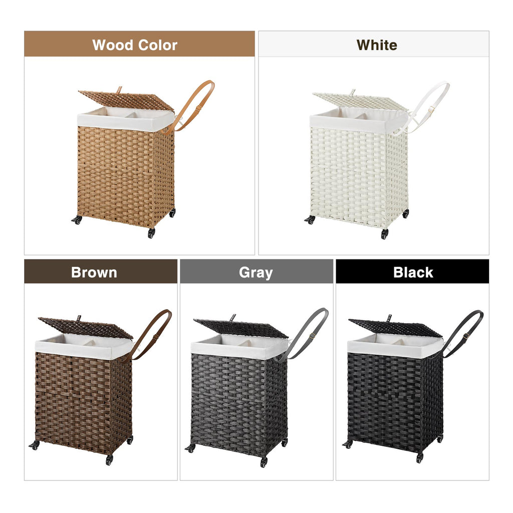 Greenstell Woven Synthetic Rattan Collapsible Hamper on Wheels, 2 Removable Liner Bags Standard