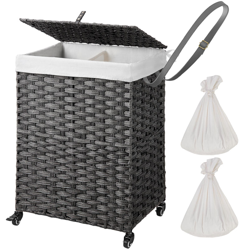 Greenstell Woven Synthetic Rattan Collapsible Hamper on Wheels, 2 Removable Liner Bags Standard