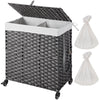 Greenstell Woven Rattan Divided Collapsible Hamper on Wheels, 2 Removable Liner Bags Large