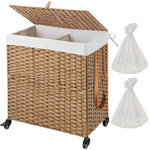 Greenstell Woven Rattan Divided Collapsible Hamper on Wheels, 2 Removable Liner Bags Large