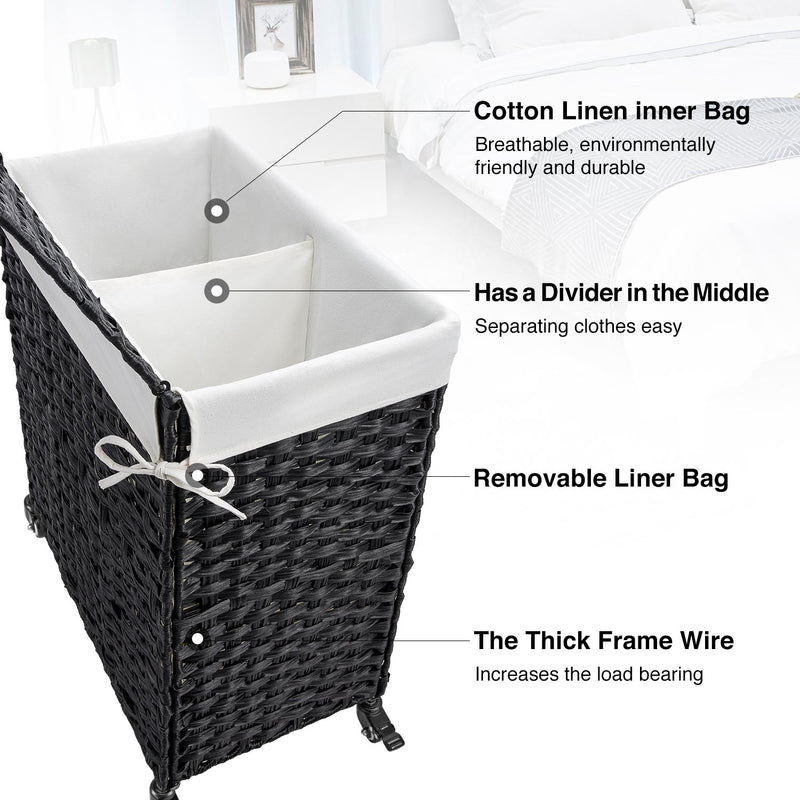 Greenstell Woven Rattan Divided Collapsible Hamper on Wheels, 2 Removable Liner Bags Large