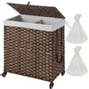 Greenstell Woven Rattan Divided Collapsible Hamper on Wheels, 2 Removable Liner Bags Large