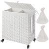 Greenstell Woven Rattan Divided Collapsible Hamper on Wheels, 2 Removable Liner Bags Large