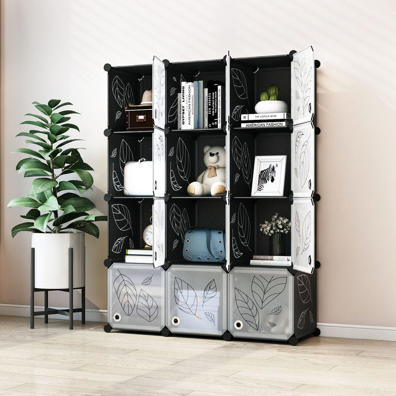 Greenstell Plastic Portable Stackable Cube Storage 12 Closet Cubes Black With Doors