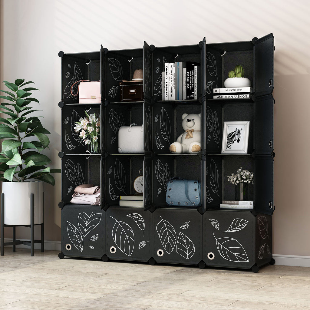 Greenstell Plastic Stackable Cube Storage Organizer 16 Portable Closet Cubes Black With Doors