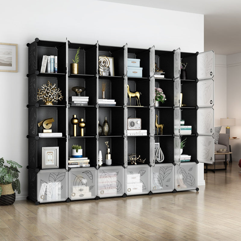 Greenstell Portable Cube Storage Organizer, Plastic & Stackable Closet Organizer Dark Black Panels with Doors