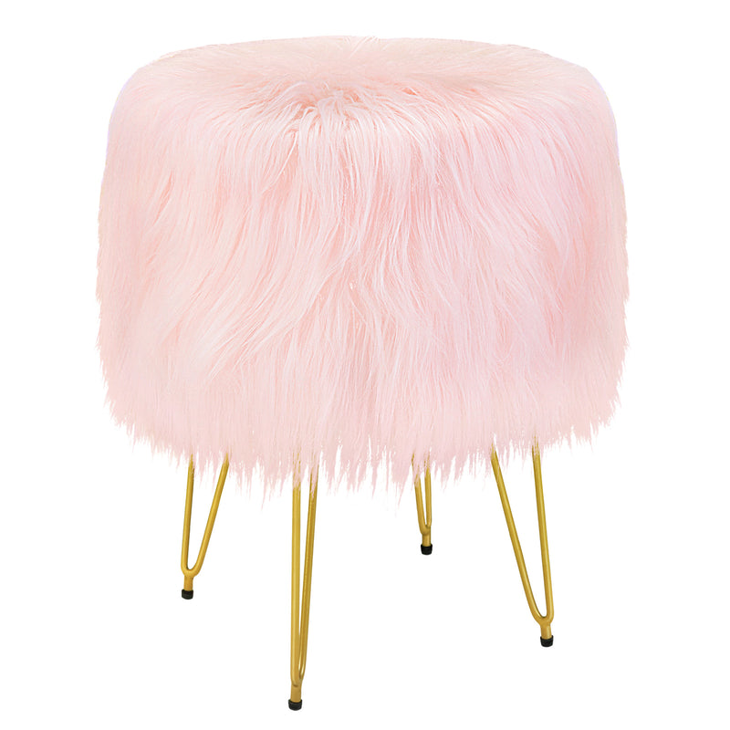 Greenstell Storage Round Faux Fur Footstool Ottoman Metal Legs with Foot Pad