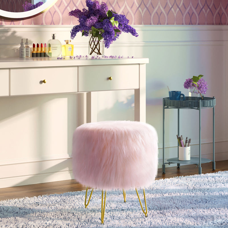 Greenstell Storage Round Faux Fur Footstool Ottoman Metal Legs with Foot Pad